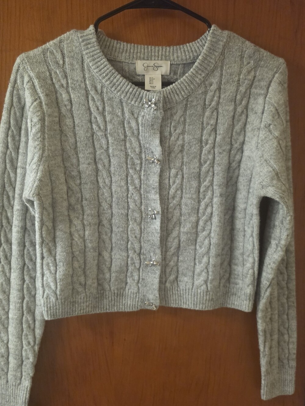 Jessica Simpson Light Gray Cable Knit Cropped Cardigan with Jeweled Buttons